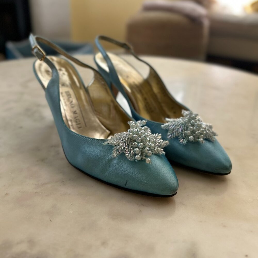 Bruno Magli Light Blue Satin Slingback Heel | Beaded Embellished Pointed Toe 8 B